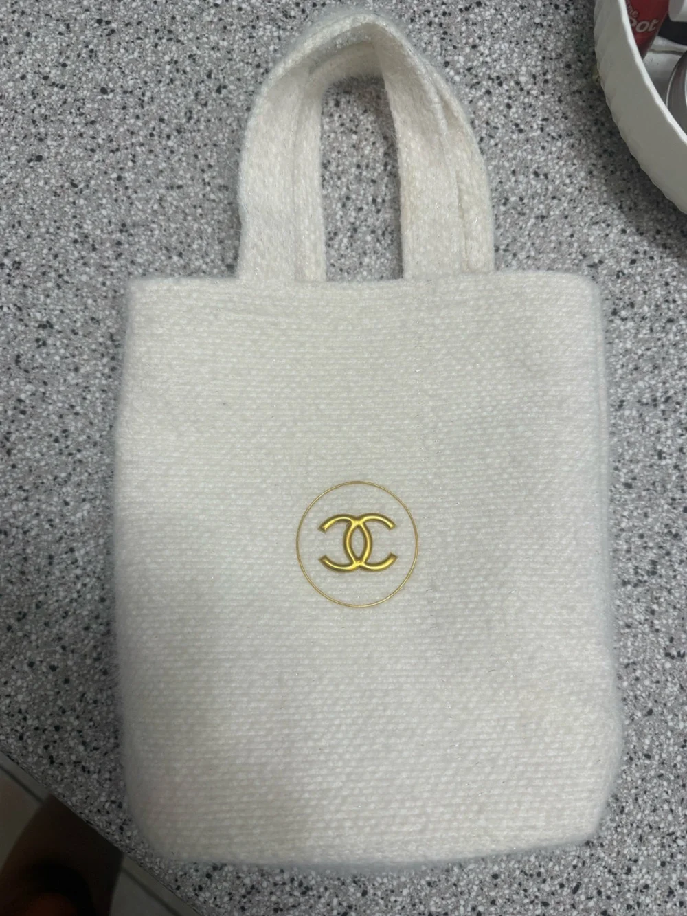 Chanel Beauté VIP Gift White Fuzzy Knit Mini Tote Bag Gold CC Logo⁠